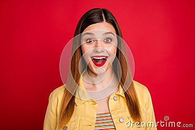 Closeup photo of attractive funny lady bright shiny pomade listen amazing news open mouth good mood wear casual yellow Stock Photo