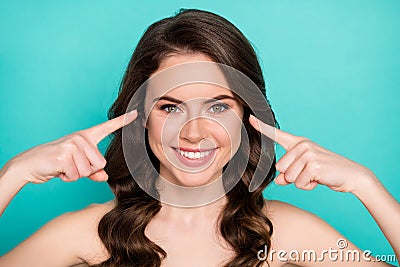 Closeup photo of beautiful naked curly lady show positive results effect facial lifting cream procedure direct fingers Stock Photo
