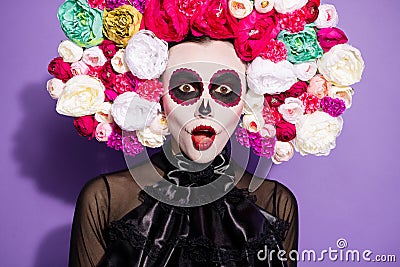 Closeup photo of beauty surprised skeleton dead bride death day spirit ritual facial print makeup voodoo open mouth Stock Photo