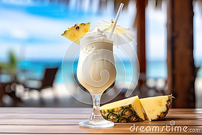 Closeup Photo Captures Cold, Alcoholic Fruit Pina Colada Cocktail, Adorned With Cream And Pineapple Stock Photo