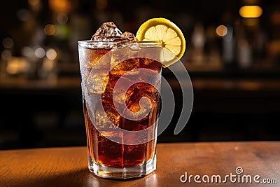 Closeup Photo Captures Refreshing Cola Soda Drink In Glass, Complete With Lemon Slice And Ice Cubes Stock Photo