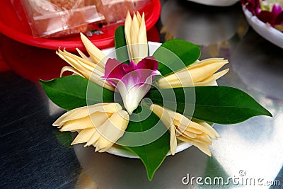 Flowers Offering Tray at Chinese Temple Stock Photo