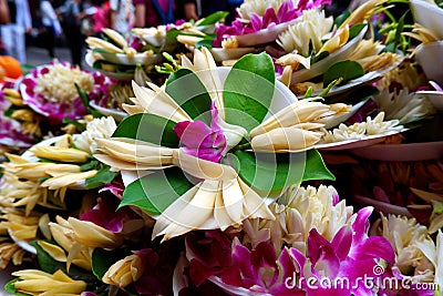 Flowers Offering Trays at Chinese Temple Stock Photo