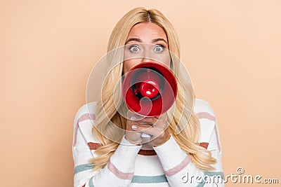 Closeup photo of crazy screaming loud information woman megaphone attention information protest activist isolated on Stock Photo