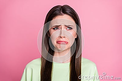 Closeup photo of depressed lady straight long hairdo look moody disappointed empty space crying desperate wear casual Stock Photo