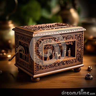 closeup photo of an exquisite handmade wooden music box Stock Photo