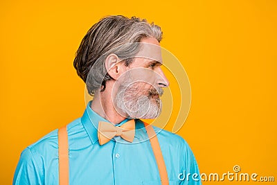 Closeup photo of handsome cool clothes grandpa not smiling perfect groomed beard look side empty space wear blue shirt Stock Photo