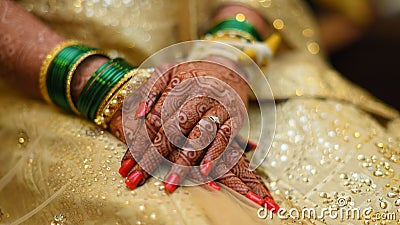 closeup photo of Indian bride wearing engagement ring with folded hands on her knees Stock Photo