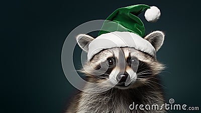 Closeup photo of lovely raccoon wearing green hat of Santa Claus helper, isolated on green studio background Stock Photo