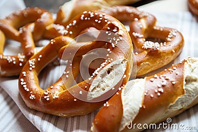 Closeup photo of lye bun and bavarian pretzel in bakery Stock Photo