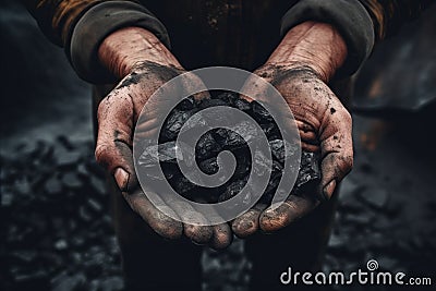 Closeup photo of Miner& x27;s hands holding black coal Stock Photo