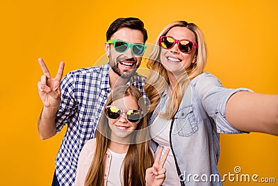 Closeup photo of mommy lady cool daddy little daughter spend quarantine together make showing v-sign symbols trendy Stock Photo