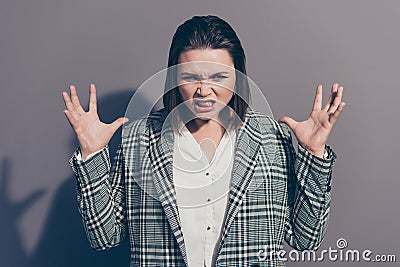 Closeup photo picture portrait of unhappy worried troubled showing her negative teeth she lady gesturing hands fingers Stock Photo