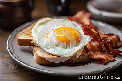 Closeup photo of a plate of bacon, eggs, and toast breakfast AI generated Stock Photo