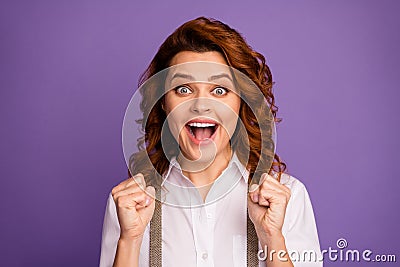 Closeup photo of pretty funny crazy curly lady cheerful casino player open mouth big cash winning raise fists screaming Stock Photo