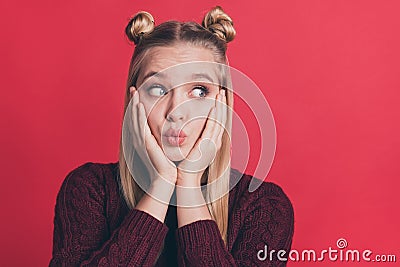 Closeup photo of pretty lady holding arms on cheeks looking side avoiding handsome guy watching eyes wear knitted Stock Photo