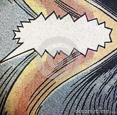 Closeup photo of real vintage comic book page with empty speech bubble and yellow red and blue printing dot pattern Stock Photo