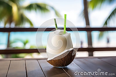 Closeup Photo Showcases Fresh, Cold Coconut Juice Cocktail With Straw Resting On Bar Counter Against Stock Photo