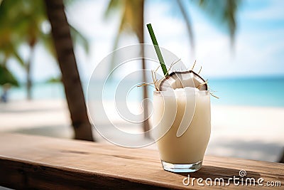 Closeup Photo Showcases Fresh, Cold Coconut Juice Cocktail With Straw Resting On Bar Counter Against Stock Photo