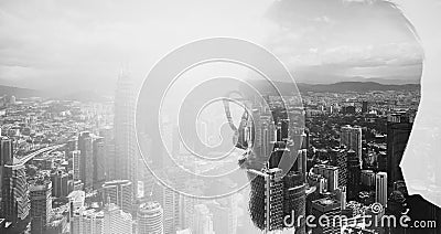 Closeup photo of stylish bearded banker wearing glasses and looking city. Double exposure, panoramic view contemporary megalopolis Stock Photo