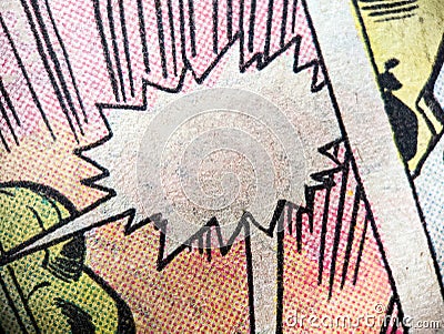 Closeup photo of a vintage comic book page with an empty speech bubble and colorful dot print pattern old paper background Stock Photo