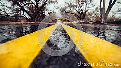 Closeup photo of yellow marking lane on wet asphalt road in forest. Stock Photo