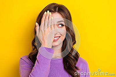 Closeup photo of young attractive lady wear pullover hide her eye palm vision checkup oculist look empty space isolated Stock Photo