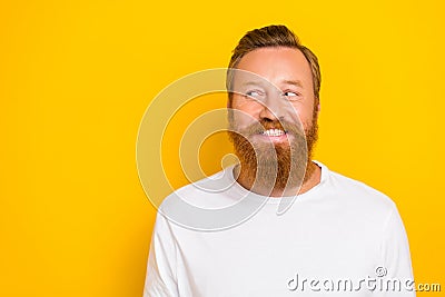 Closeup photo of young handsome cute man red beard mustache smiling look tricky empty space idea isolated on yellow Stock Photo