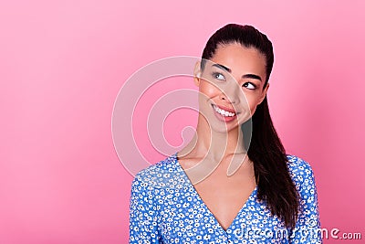 Closeup photo of young interested cute girl dreaming about new dress looking empty space isolated on pink color Stock Photo