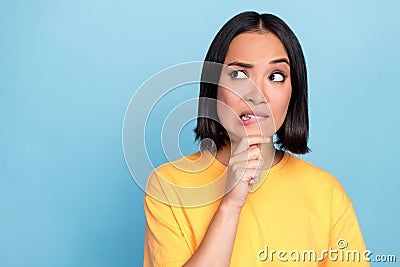 Closeup photo of young pretty cute nice lady touch chin mistake failed oops sorry look empty space information isolated Stock Photo