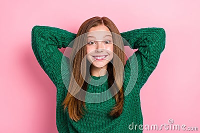 Closeup photo of young relaxed positive chill brown hair girlish woman toothy smiling hands hold head dreamy isolated on Stock Photo