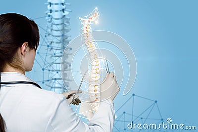 A physiotherapist operating with artificial spine model Stock Photo