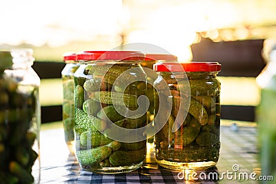 Closeup of pickles in jars arranged on a tabletop Stock Photo
