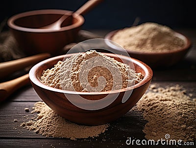 Closeup picture of a bowl with brown psyllium powder flour. Generative AI Stock Photo