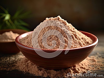 Closeup picture of a bowl with brown psyllium powder flour. Generative AI Stock Photo