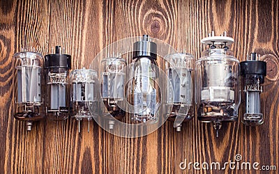 Closeup picture with different tipes of electronic radio lamps. Stock Photo