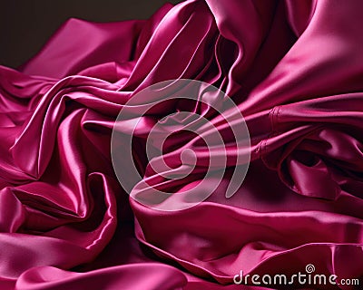 A closeup picture of a piece of magenta satin fabric creased and ruffled in multiple folds. Trendy color of 2023 Viva Stock Photo