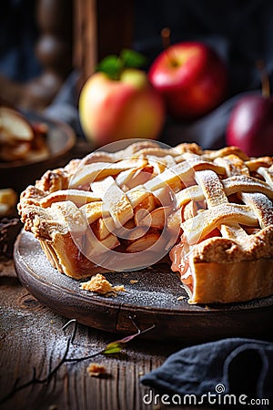 closeup of a piece of delicious homemade sweet apple pie on rustic background vertical image Stock Photo