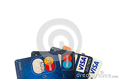 Closeup pile of credit cards, Visa and MasterCard, credit, debit and electronic Editorial Stock Photo