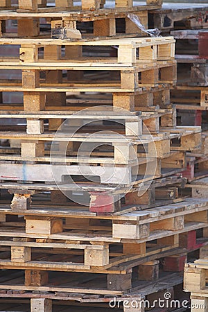 Closeup of pile of empty wooden pallets Stock Photo