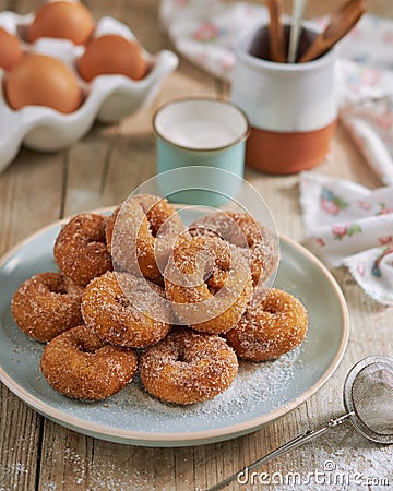 Closeup of a pile of homemade Doughnuts of easter, rosquillas, traditional anise donuts from Spain, typically eaten in Stock Photo