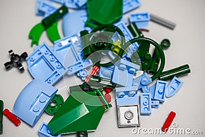 Closeup of a pile of scattered children's building blocks Stock Photo