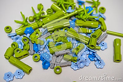 Closeup of a pile of scattered children's building blocks Stock Photo