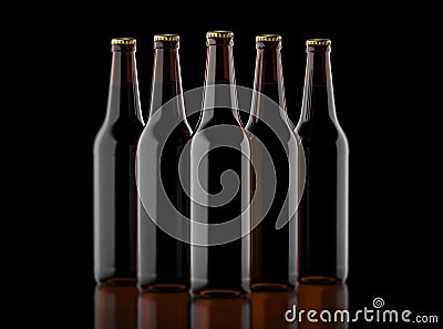 Closeup pin of brown beer bottles. 3D render, studio light, dark mirror background. Stock Photo
