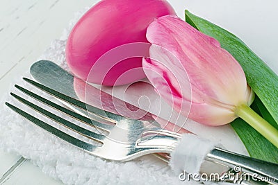 Closeup of pink easter dinner setting Stock Photo