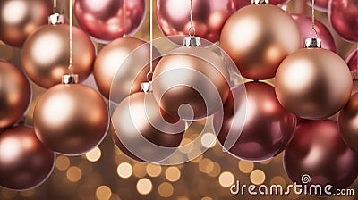 Closeup Pink, Gold Christmas Hanging Baubles. Collection of New Year Balls, Background Stock Photo