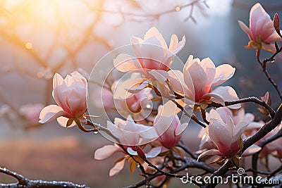 closeup of pink magnolia tree flowers, dreamy floral background with sunlight Stock Photo