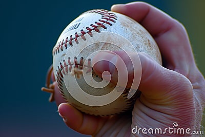 closeup of pitchers hand gripping baseball with seams visible Stock Photo