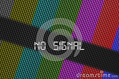 Closeup pixels of LCD TV screen with color bars and message no signal is a television test pattern Stock Photo