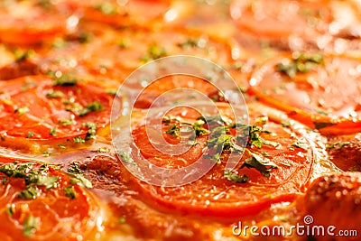 Close up Pizza Margarita. Delicious hot food sliced and served on white platter. Menu photo, Italian fast food. Stock Photo